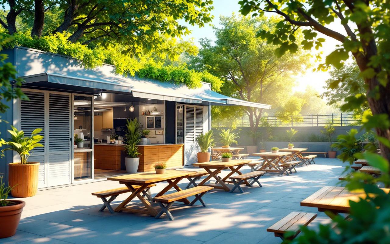Une cantine modulaire ventil&eacute;e dans une cour ensoleill&eacute;e bord&eacute;e d'arbres et de jardini&egrave;res, avec modules ouverts, bouches d'a&eacute;ration, auvents suspendus et tables en bois &agrave; l'ombre ; lumi&egrave;re douce, atmosph&egrave;re calme et tons bleus et verts.