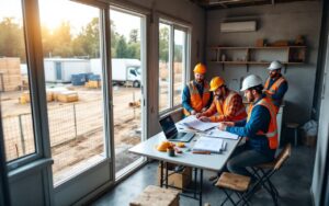 plusieurs-ouvriers-dans-un-bureau-modulaire-de-chantier-consultent-des-plans-et-un-ordinateur-portable-portant-des-casques-et-des-gilets-de-securite-unite-modulaire-et-materiel-de-chantier-en