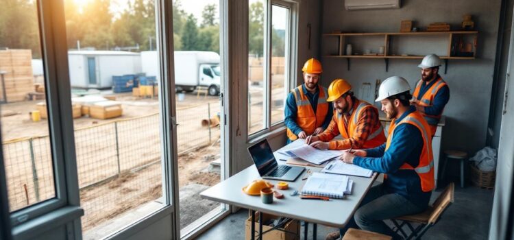 plusieurs-ouvriers-dans-un-bureau-modulaire-de-chantier-consultent-des-plans-et-un-ordinateur-portable-portant-des-casques-et-des-gilets-de-securite-unite-modulaire-et-materiel-de-chantier-en