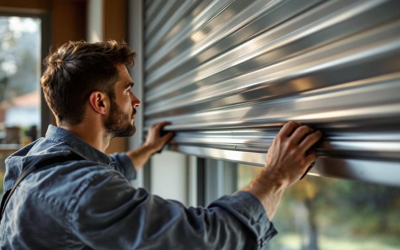 Technicien installant un volet roulant en aluminium motorisé sur une fenêtre, gros plan sur ses mains et ses outils, intérieur résidentiel lumineux avec lumière volumétrique douce.
