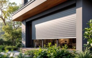 Façade contemporaine d'une maison avec volets roulants modernes en aluminium à finition mate argentée, grandes baies vitrées, accents en bois chaud et végétation paysagère, éclairage matinal doux avec rayons volumétriques, rendu photographique réaliste.