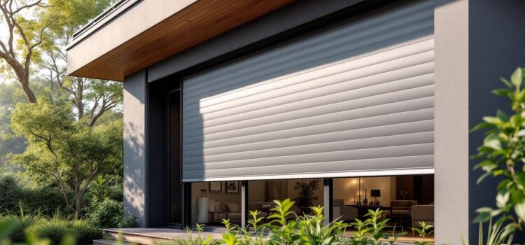 Volets roulants aluminium : durabilité sécurité et performances Façade contemporaine d'une maison avec volets roulants modernes en aluminium à finition mate argentée, grandes baies vitrées, accents en bois chaud et végétation paysagère, éclairage matinal doux avec rayons volumétriques, rendu photographique réaliste.