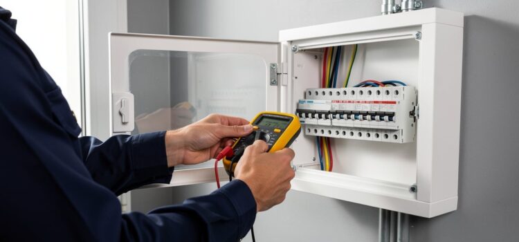 Tableau électrique domestique testé au multimètre par un électricien