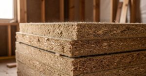 Panneaux de fibre de bois Homatherm empiles sur un chantier de renovation