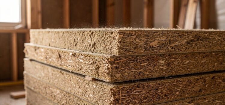 Panneaux de fibre de bois Homatherm empiles sur un chantier de renovation