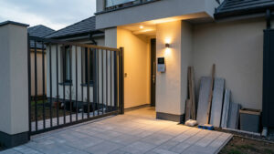 Entrée de maison moderne sécurisée avec portail et portillon, éclairage extérieur et visiophone, allée propre avec ambiance de chantier organisé.