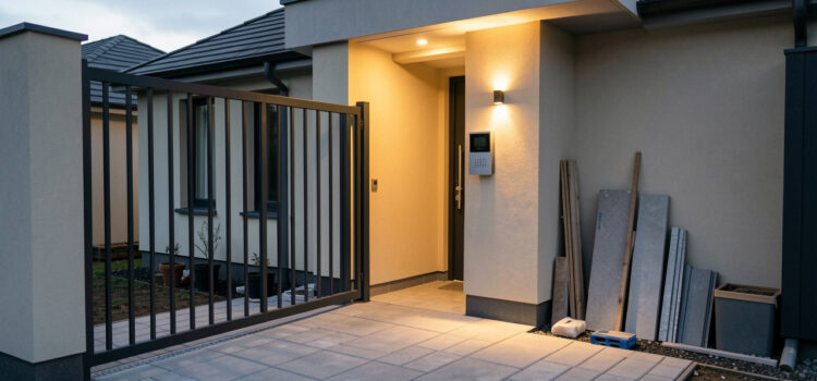 Entrée de maison moderne sécurisée avec portail et portillon, éclairage extérieur et visiophone, allée propre avec ambiance de chantier organisé.