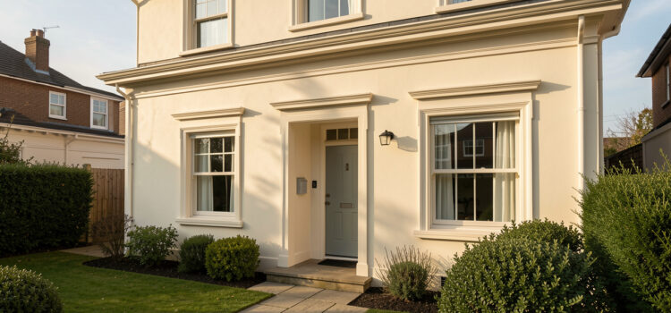 Les 7 éléments de façade maison à prévoir pour une rénovation durable Façade d’une maison rénovée avec un enduit clair, des encadrements de fenêtres élégants et des détails architecturaux raffinés.