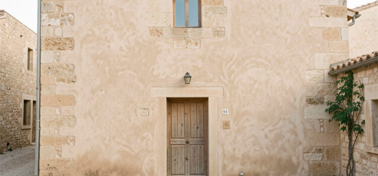 Façade d’une maison ancienne en pierre calcaire recouverte d’un enduit à la chaux beige légèrement texturé, avec des joints traditionnels visibles sous une lumière naturelle douce.