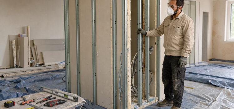 Comment préparer la démolition d’une cloison intérieure en toute sécurité ? Un artisan portant des lunettes de protection, des gants et un masque FFP2 inspecte une cloison en plaque de plâtre partiellement démontée dans un chantier intérieur propre, avec des bâches disposées au sol.