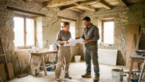 Une propriétaire et un artisan consultent des plans dans une maison ancienne en cours de rénovation, éclairée par la lumière naturelle.