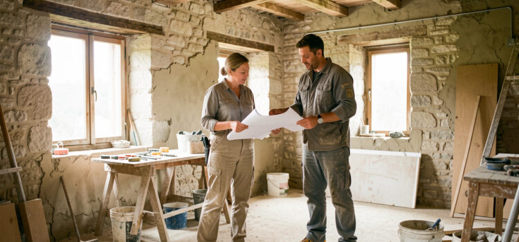 Comment planifier la rénovation complète d’une maison, du diagnostic au chantier ? Une propriétaire et un artisan consultent des plans dans une maison ancienne en cours de rénovation, éclairée par la lumière naturelle.